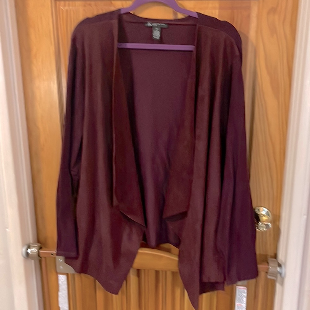 Inc burgundy faux suede waterfall front sweater